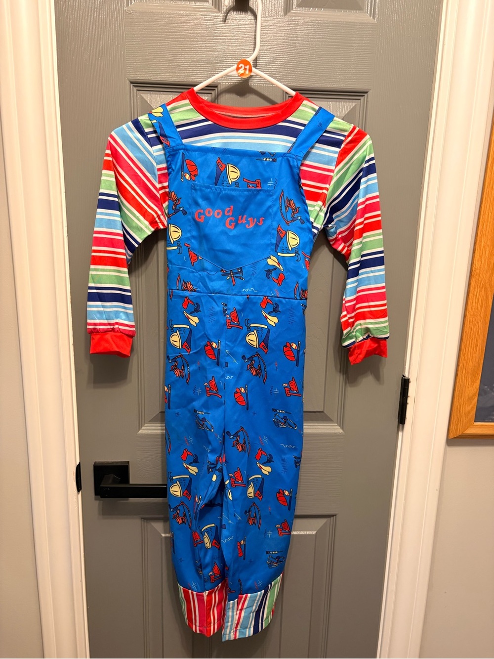 Kids Blue 'Good Guys' Two Piece Overalls with Striped Sleeves Chucky type Medium